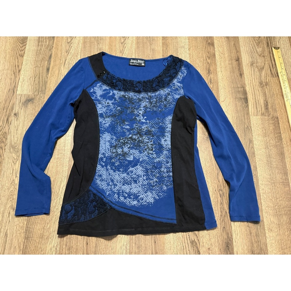 Tango Mango Shirts Women's Size Medium Blue Blouse Long Sleeve Graphic Print